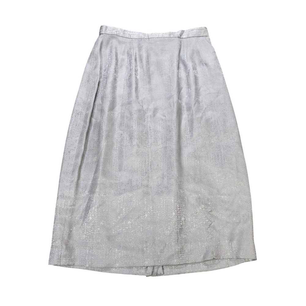 VTG Papell Petites Silk Midi Skirt Women's Size 6P Sliver Gray Textured Jacquard